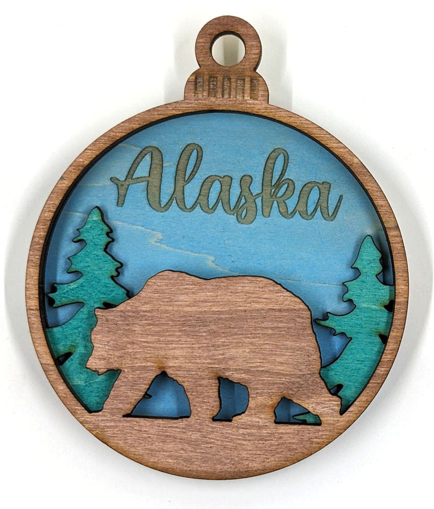 Alaska Christmas ornament, grizzly with blue background
