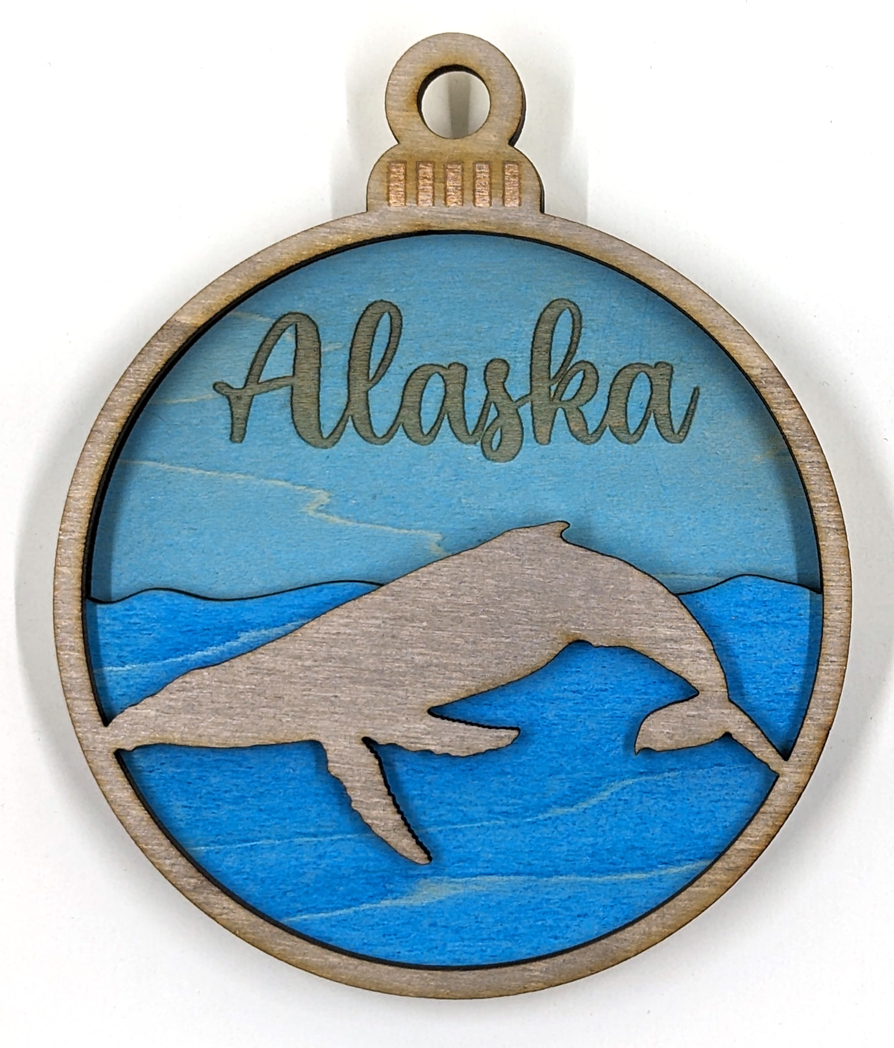 Alaska Christmas ornament, humpback whale with blue background