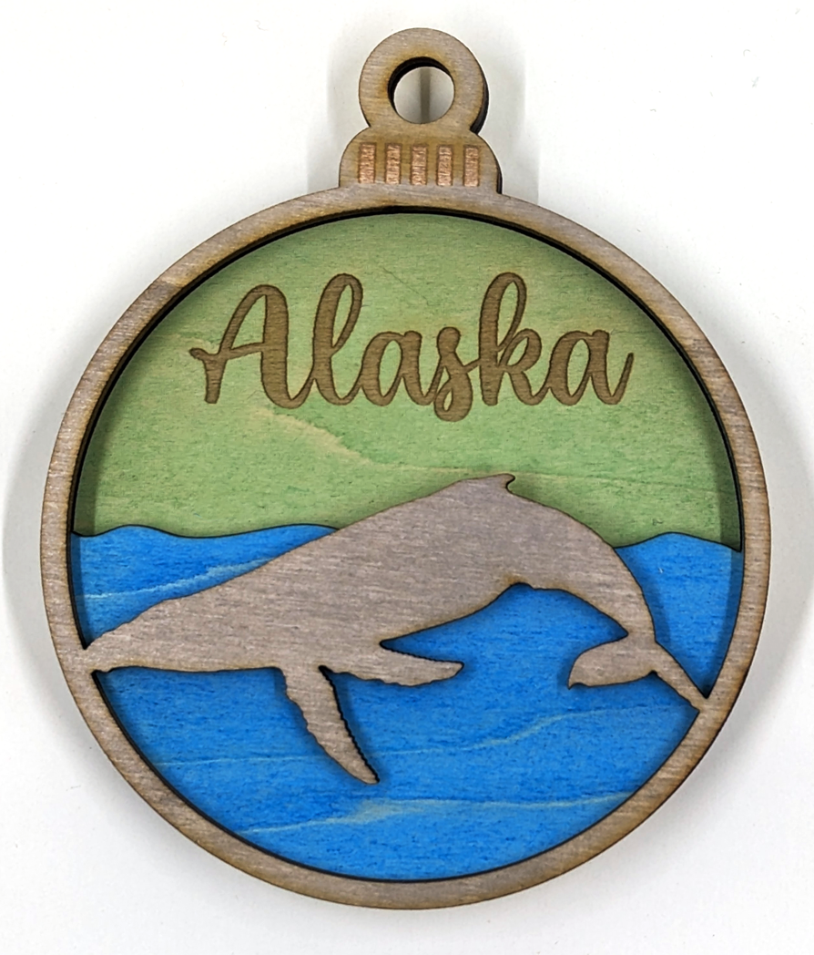 Alaska Christmas ornament, humpback whale with green background
