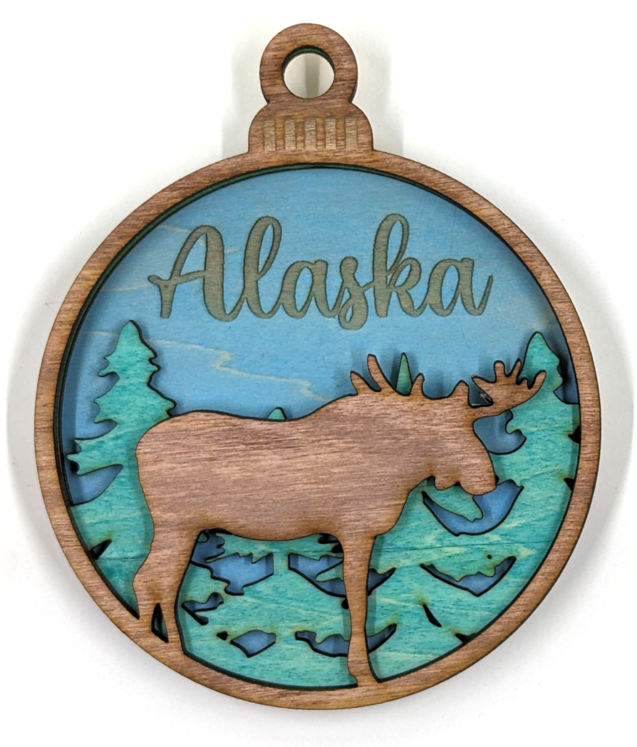 Alaska Christmas ornament, moose with blue background