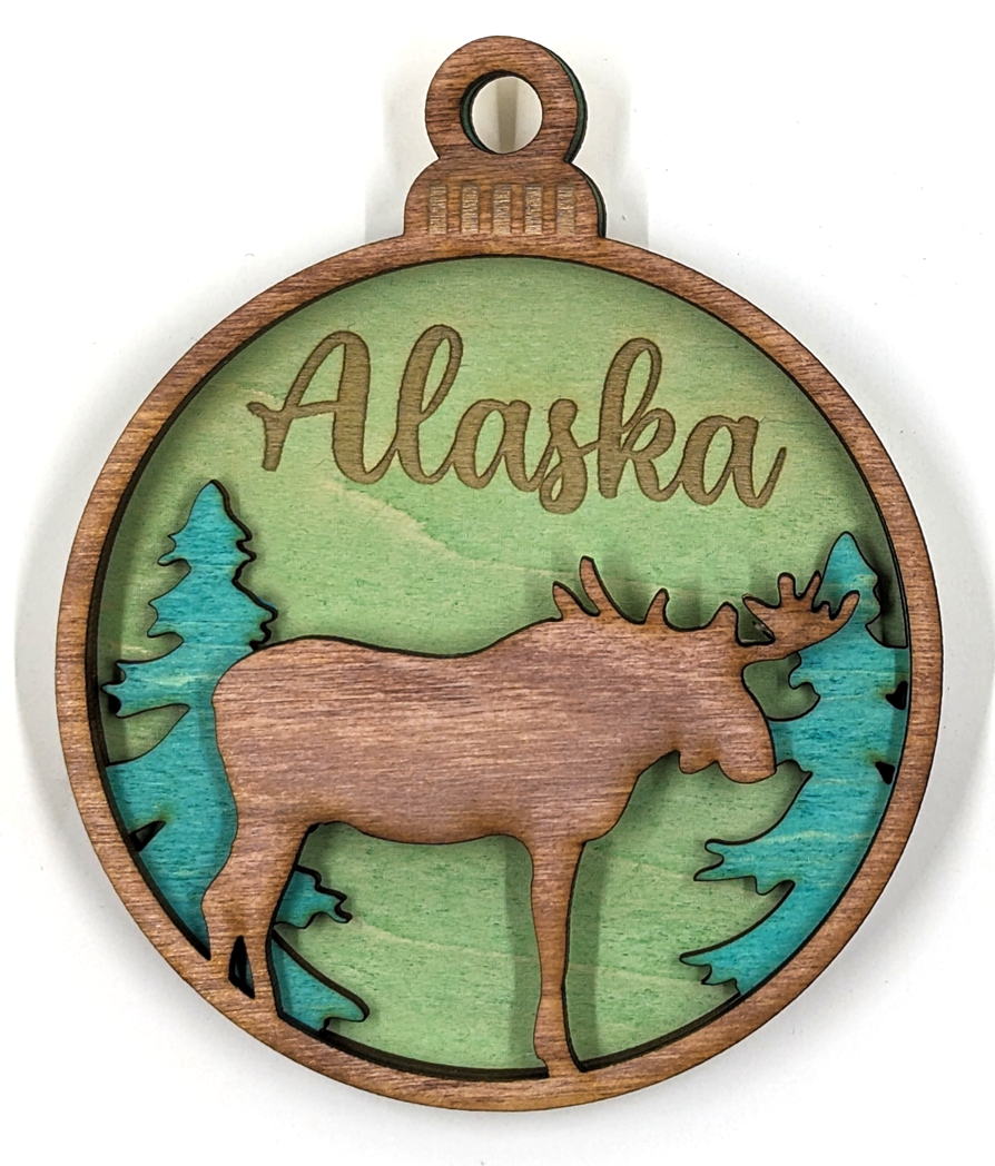 Alaska Christmas ornament, moose with green background